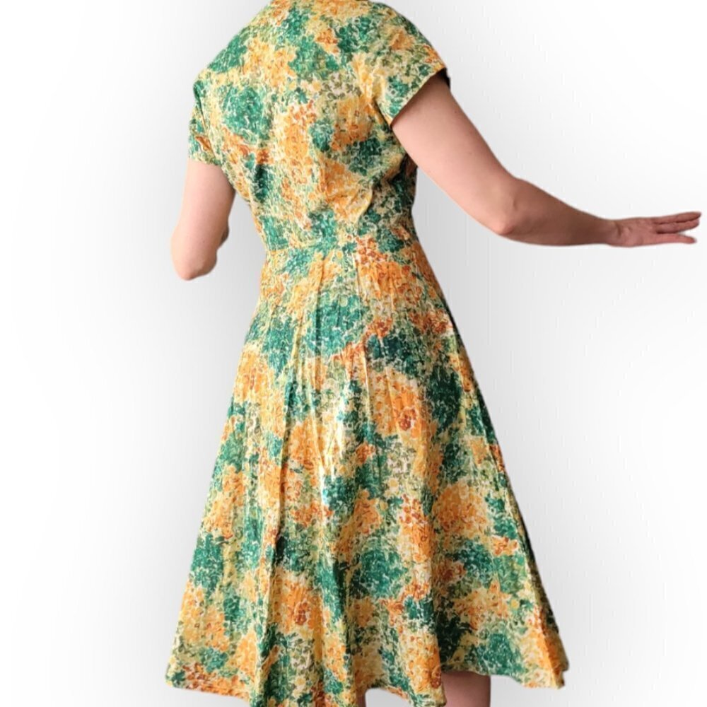 Vintage 1960s 1970s Floral Dress Green Orange Yellow Mad Men S/M Retro Outfit - Picture 10 of 15